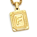 Golden stainless steel rectangle pendant with embossed letter F and sunburst texture - Gold F (With Box Chain)
