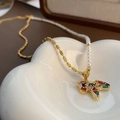 Elegant gold bead and pearl necklace with a colorful zircon horse-shaped pendant - Gold Colorful Horse (1-1-24)