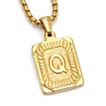Gold plated stainless steel square pendant necklace featuring letter Q on box chain - Gold Q (With Box Chain)