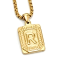 Polished 18K gold plated stainless steel rectangle pendant with embossed letter R - Gold R (With Box Chain)