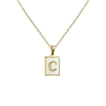 Elegant gold square shell necklace featuring a central letter C pendant on white background - Letter C