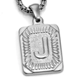 Silver stainless steel rectangular pendant necklace featuring embossed letter J and box chain - Steel J