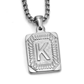 Polished silver stainless steel rectangular pendant featuring embossed letter K on box chain - Steel K