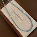 Bohemian beaded necklace with turquoise blue cylinders, white pearls, and gold accents - Teal Cylindrical Natural Stone Necklace (06-m20)