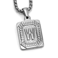 Square silver stainless steel pendant necklace with embossed letter W on box chain - Steel W