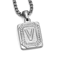 Silver stainless steel rectangular pendant necklace featuring embossed letter V design - Steel V