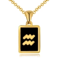 Gold stainless steel rectangle necklace with black Aquarius zodiac pendant symbol - Black Shell - Aquarius
