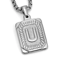Silver stainless steel box chain necklace with rectangular pendant featuring relief letter U - Steel U