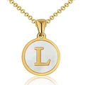 18K gold plated stainless steel necklace with round white shell pendant and letter L - Round White Shell-L