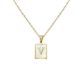 Collier rectangulaire doré avec nacre blanche et une lettre V centrale en métal doré - Lettre V