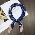 Dark blue small square silk scarf with pink flamingo pattern and satin finish - Flamingo Navy Blue (34)