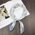 Light green satin silk scarf featuring elegant blue bird and feather prints - Flamingo Green (33)