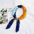 Blue and orange geometric print silk scarf tied in a stylish knot on a white fabric - Sketch Small Fish (36)