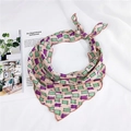 Pink triangle silk scarf with purple geometric print and elegant wavy edges shown tied - Pink Frame Line Style