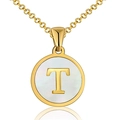 18K gold plated stainless steel necklace with round white shell pendant and letter T - Round White Shell-T
