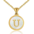 Gold-plated stainless steel necklace with round white mother of pearl letter U pendant - Round White Shell-U