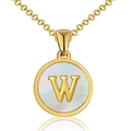 18K gold plated stainless steel necklace featuring a round white shell pendant with letter W - Round White Shell-W