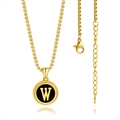 18K gold plated necklace featuring a round letter W pendant with black enamel finish - Letter W (Patterned Black)