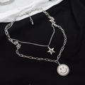 Hip-hop silver double-layer necklace with star and smiling face sun pendants - Silver Double Smiley (A13)