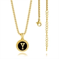 18K gold plated necklace with round black enamel letter Y pendant and box chain - Letter Y (Patterned Black)