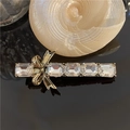 French vintage hair clip with golden bow and five rectangular clear crystals detail - Square Rhinestone Bowknot Style (1130#)