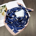Elegant navy blue square scarf featuring pink border and white flamingo prints - 2 Flamingo Blue