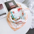 Pink silk square scarf with cartoon flamingo and cactus patterns on a white background - Flamingo Orange