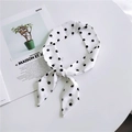 Classic white silk scarf with black polka dots tied as a stylish hair accessory - White Wide Polka Dot
