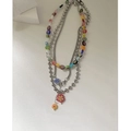 Three-layer rainbow floral beaded necklace with silver bead chain and colorful accents - Multilayer Layered Necklace (01-G15)