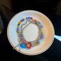 Rainbow glass flower beaded necklace and silver layered chain set on ceramic plate - 01-G15 Titanium Steel Glass Bead 3-Piece Bracelet Set