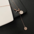 Minimalist rose gold smiley face Y-necklace with white enamel charm and cubic zirconia - Rose Gold