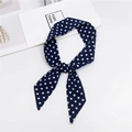 Navy blue polka dot skinny silk scarf tied as a versatile hair tie or bag handle wrap - Navy Polka Dot
