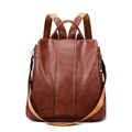 Sac à dos antivol en cuir marron ciré pour femme avec surpiqûres verticales - Fauve