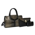 Dreiteiliges Handtaschen-Set in Schwarz-Gold mit Kroko-Muster und Y-Klappe - Schwarz