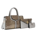 3-teiliges Set aus dunkelbrauner Handtasche mit Krokodilprägung und passenden Taschen - Grau