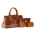 Ensemble 3 pièces marron avec cabas, pochette et portefeuille en cuir façon crocodile - Fauve