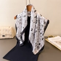 Elegant white silk scarf with grey heart print and black edges on wooden hanger - 70cmx70cm / Black (FG103-4)