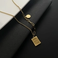 Minimalist gold titanium steel necklace with Good Luck rectangle and smiley face pendants - Gold