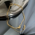 Double-layered gold stainless steel anklet with heart pendant and Love charms - Double Layer LOVE Heart Anklet (02-C7#) / Gold