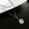 Double layer titanium steel necklace with paperclip chain and sun moon coin pendant - Silver