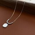 Silver smiley face square pendant necklace with minimalist cubic metal beads - Silver