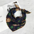 Elegant navy silk-feel neckerchief with green polka dots and vintage gold chain pattern - Pocket Watch Navy Blue