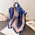Elegant silk-like square scarf featuring golden chain prints on a white mannequin stand - 70x70cm / Navy Blue (FG134-1)