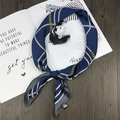 Elegant navy blue square silk scarf with golden chain patterns and grey twill details - Navy Line Chain