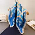 Elegant royal blue geometric pattern silk scarf styled with a black dress and accessories - 66-70CM / Blue (FG108-2)