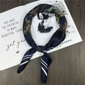 Elegant navy blue square silk scarf with golden paisley pattern and chain motifs - Navy Totem