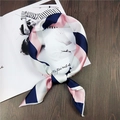 Navy and pink striped satin silk square scarf tied elegantly on a wooden background - Stripe Tricolor