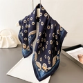 Navy blue paisley floral square silk scarf with elegant daisy pattern for women - Navy Blue