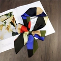Multicolor geometric skinny silk scarf tied in a bow on a stylish magazine background - 8 Camouflage Green