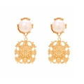 Vintage gold lion head earrings with round white faux pearl in a royal palace style - Lion Head Pearl Style (A)